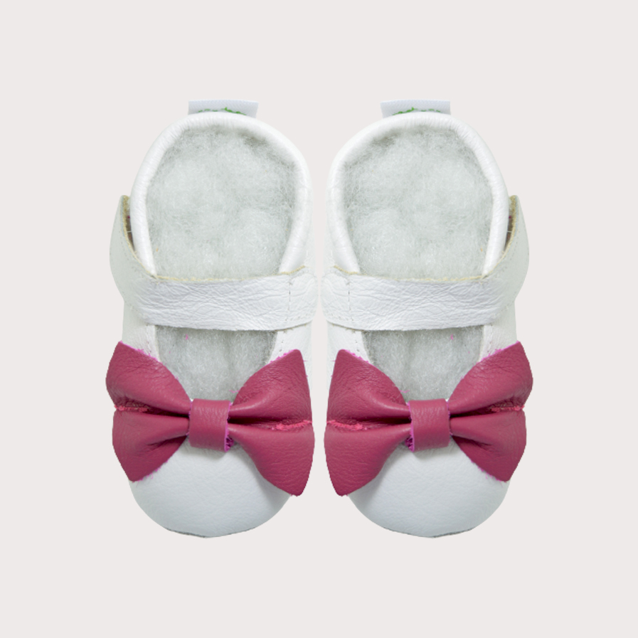 Mary Jane Big Bow Baby Shoes - White & Cherise - Pitta Patta